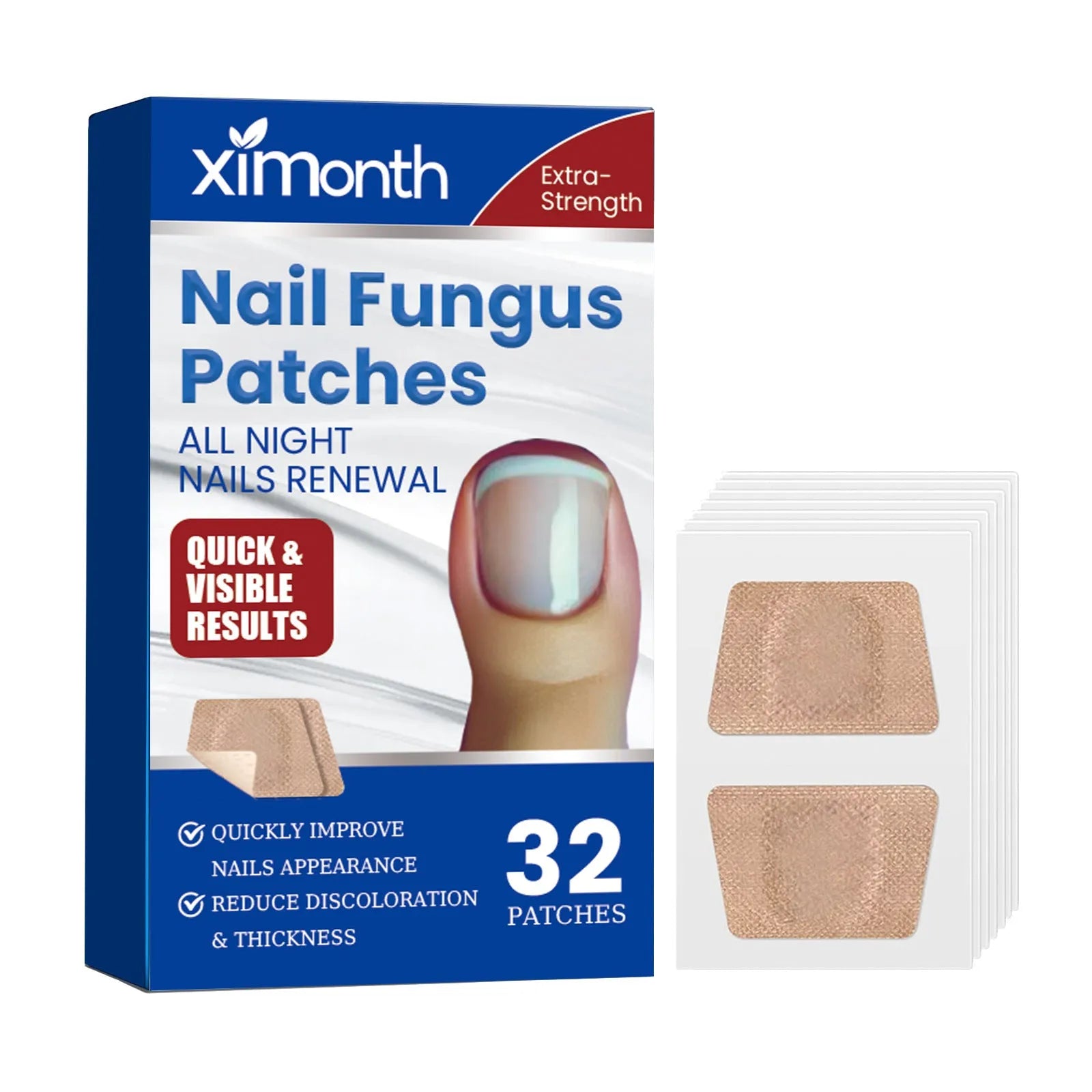 Nail repair adhesive bandage patches measuring 6.1 x 3.5 cm with glycerin, tea tree oil, and vitamin E ingredients