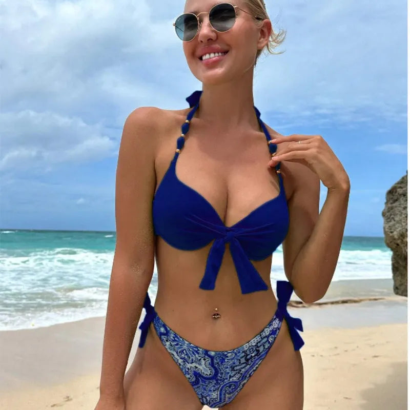 Ladies polyester printed bikini swimsuit two piece set striped colour sleeveless summer beachwear
