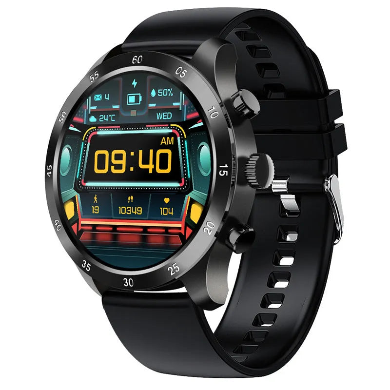 Black steel Bluetooth smart watch on wrist showing call interface