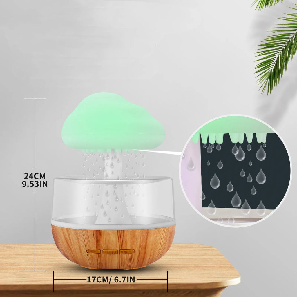 Raining Cloud humidifier with night light and white finish, 400ml tank, USB powered, showing water drop effect