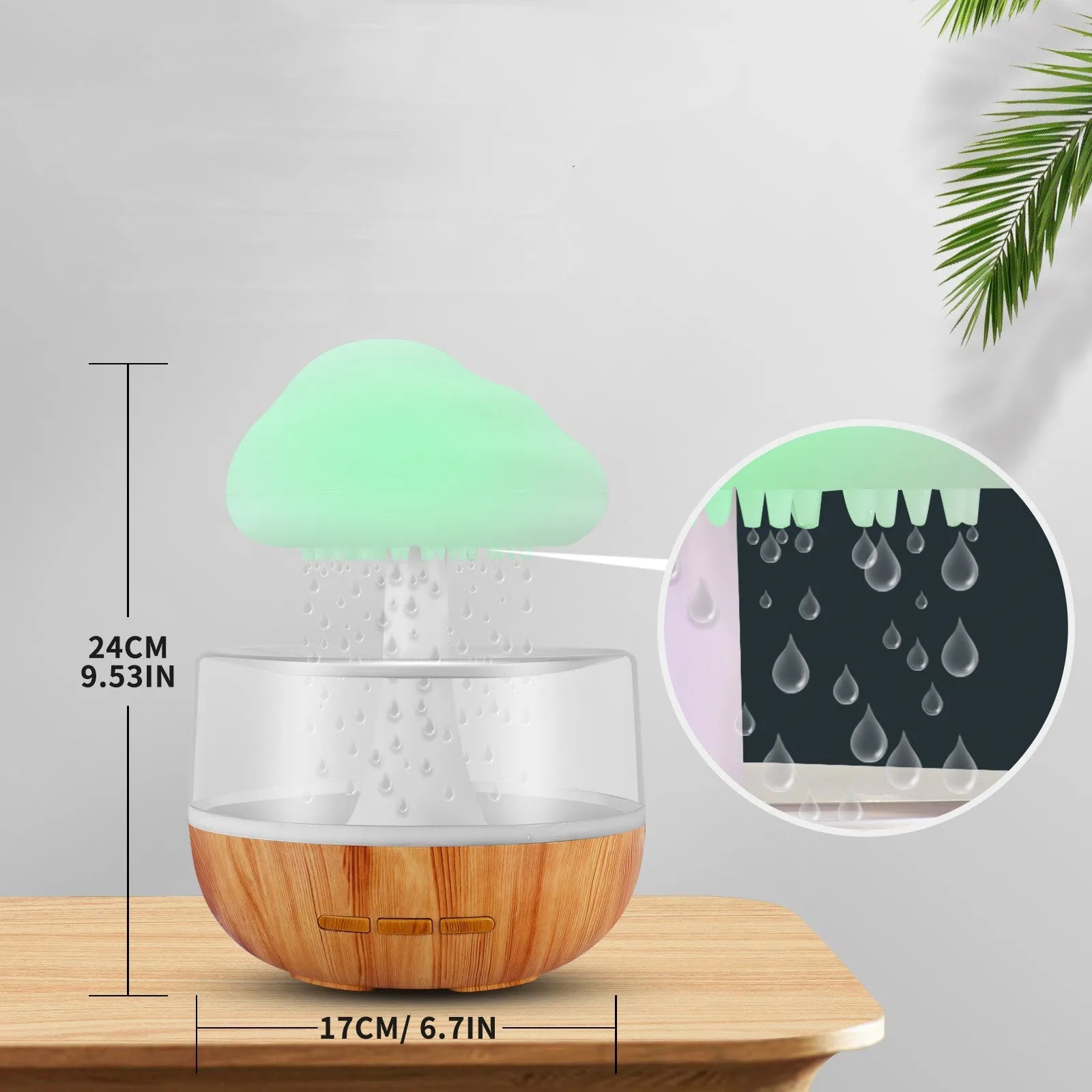 Raining Cloud humidifier with night light and white finish, 400ml tank, USB powered, showing water drop effect
