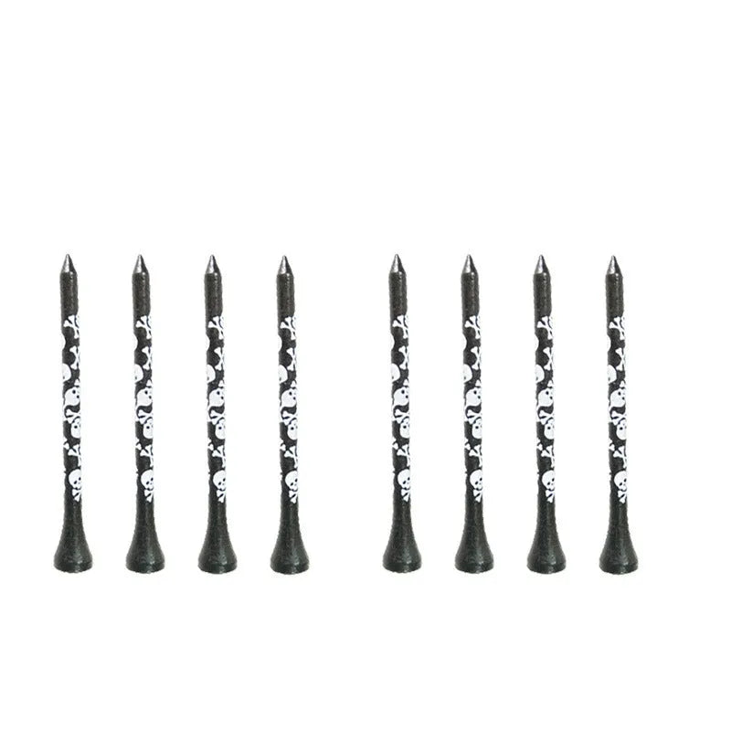 Ten bamboo dowel pins for golf spikes in two lengths with black skull print.