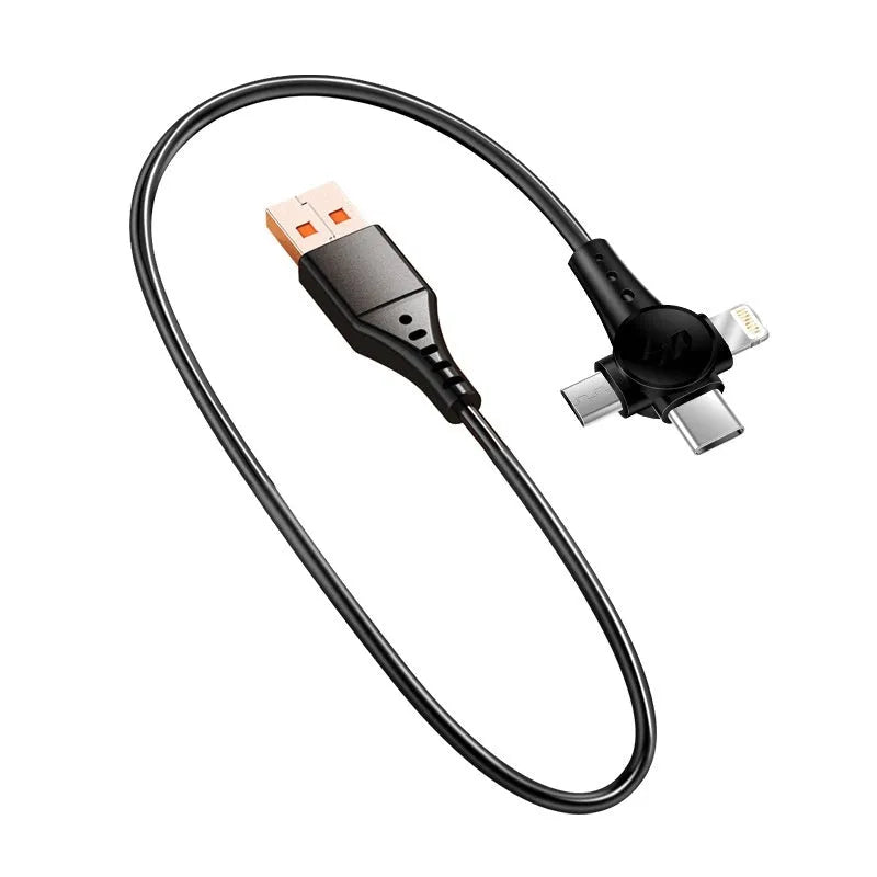 Super Fast Charge 3-in-1 telescopic data cable with Type-C, Micro USB, and Lightning connectors, 1.5m, TPE black