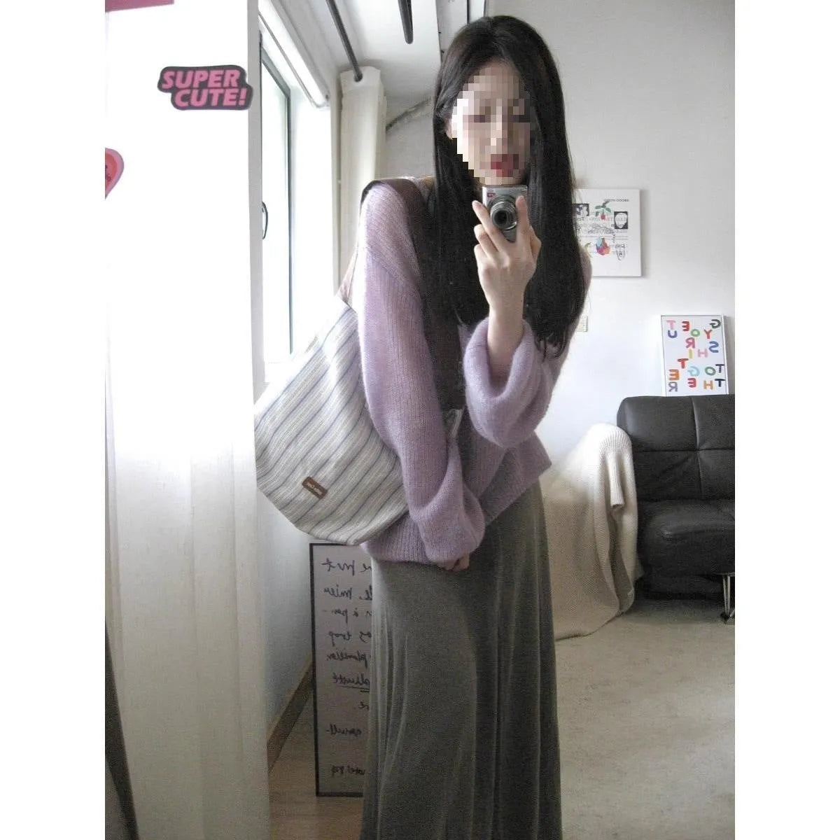 Purple women's ice silk blouse with hollow out pattern and princess sleeves