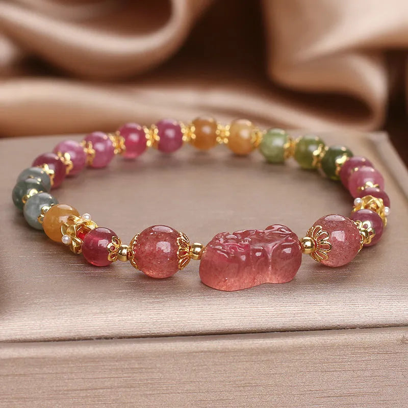 Candy color tourmaline strawberry quartz pi xiu bracelet 17cm women pink red crystal electroplating beads