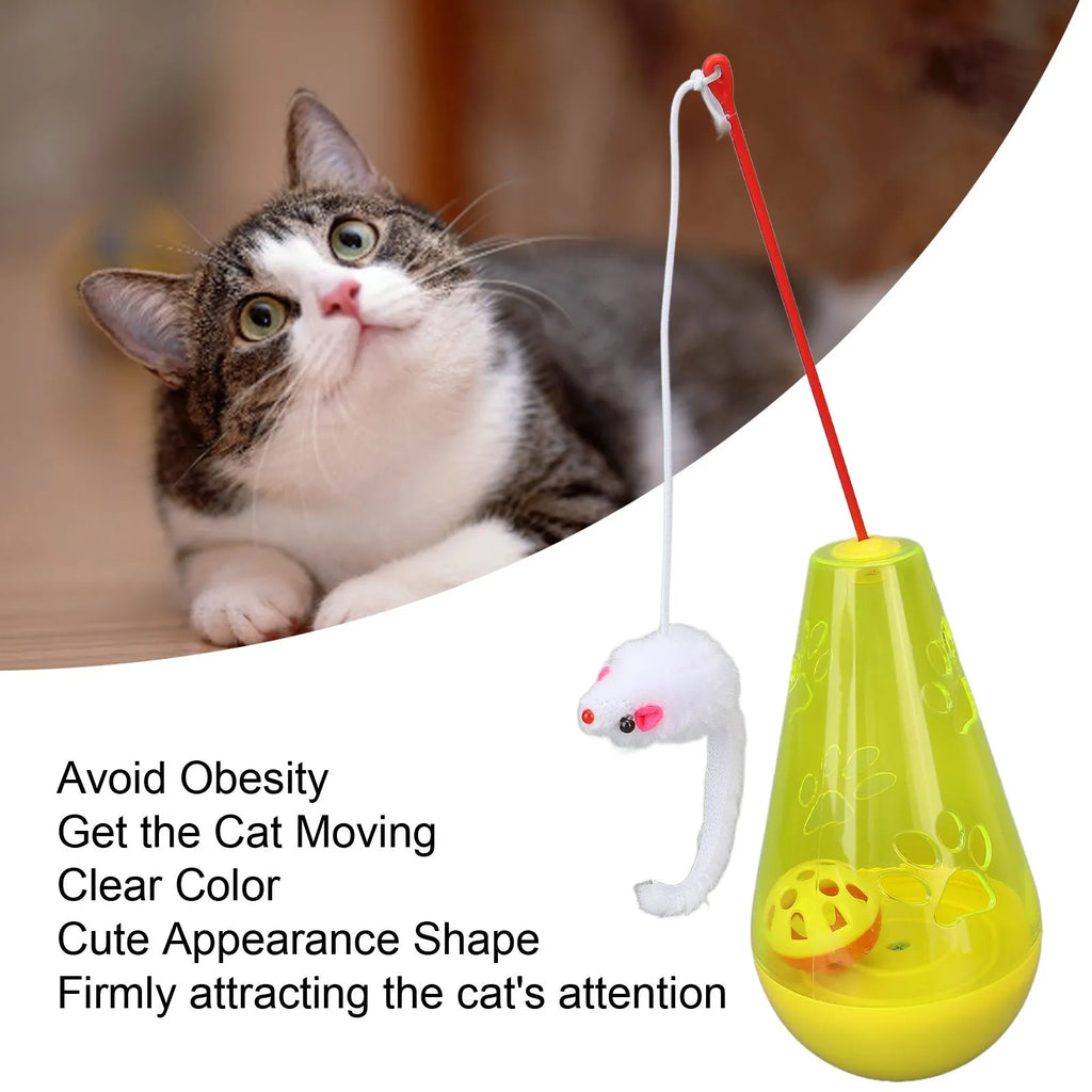 Blue cat toy with bell ball and treat dispenser, plush mouse stick, 30cm tall, on floor