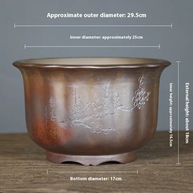 Purple sand ceramic flower pot with antique carved wood burning pattern for indoor bonsai plants