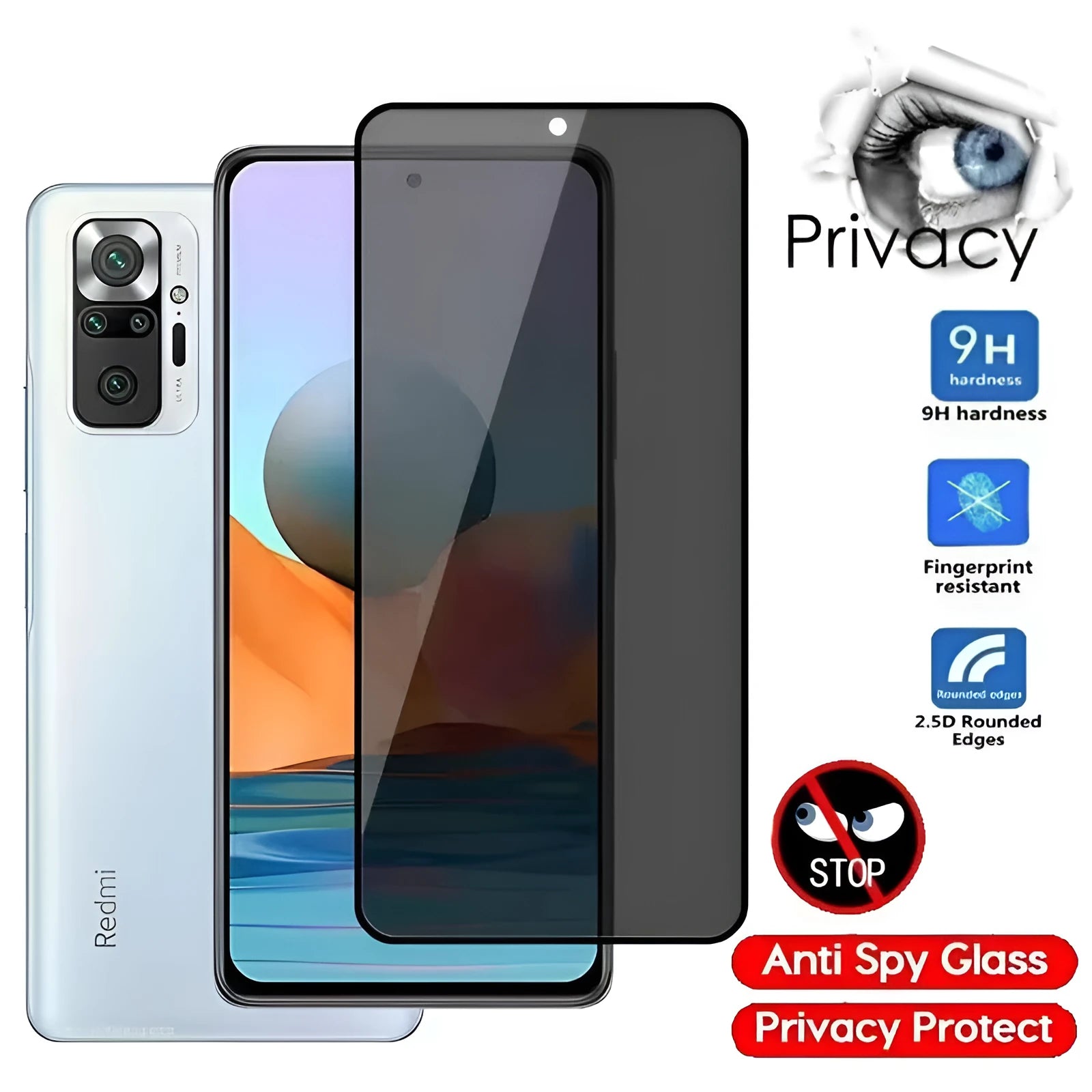 Anti-spy minimalist screen protector for Xiaomi Poco and Redmi Note mobile phones.