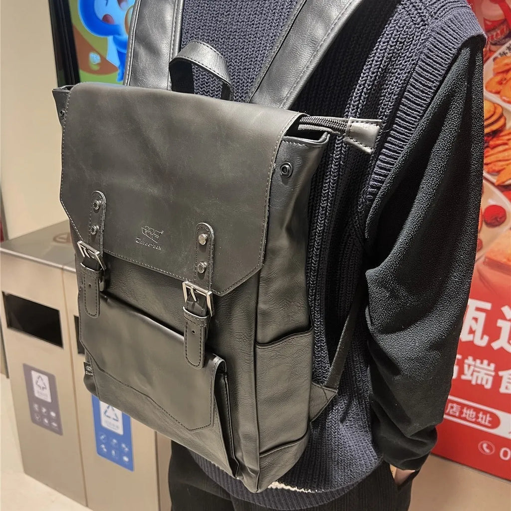 Unisex backpack large capacity PU leather solid colour black brown travel business college