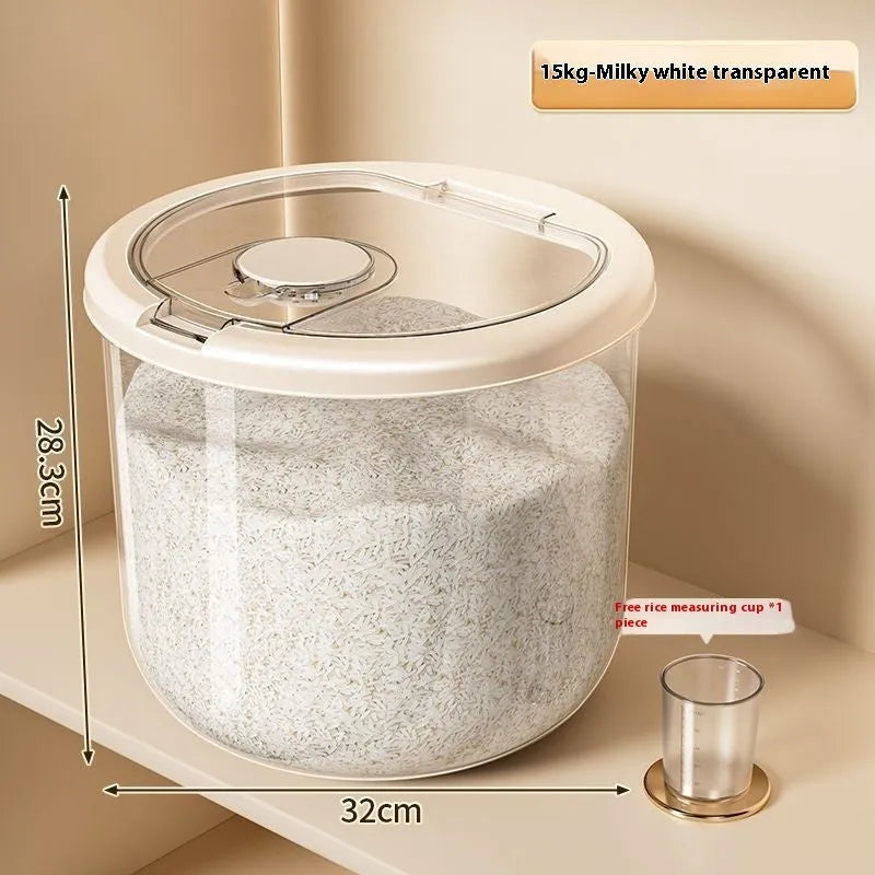 Transparent plastic grain storage tank with sealed lid, insect-proof and moisture-proof, available in 5kg to 25kg capacities, with rice measuring cup.