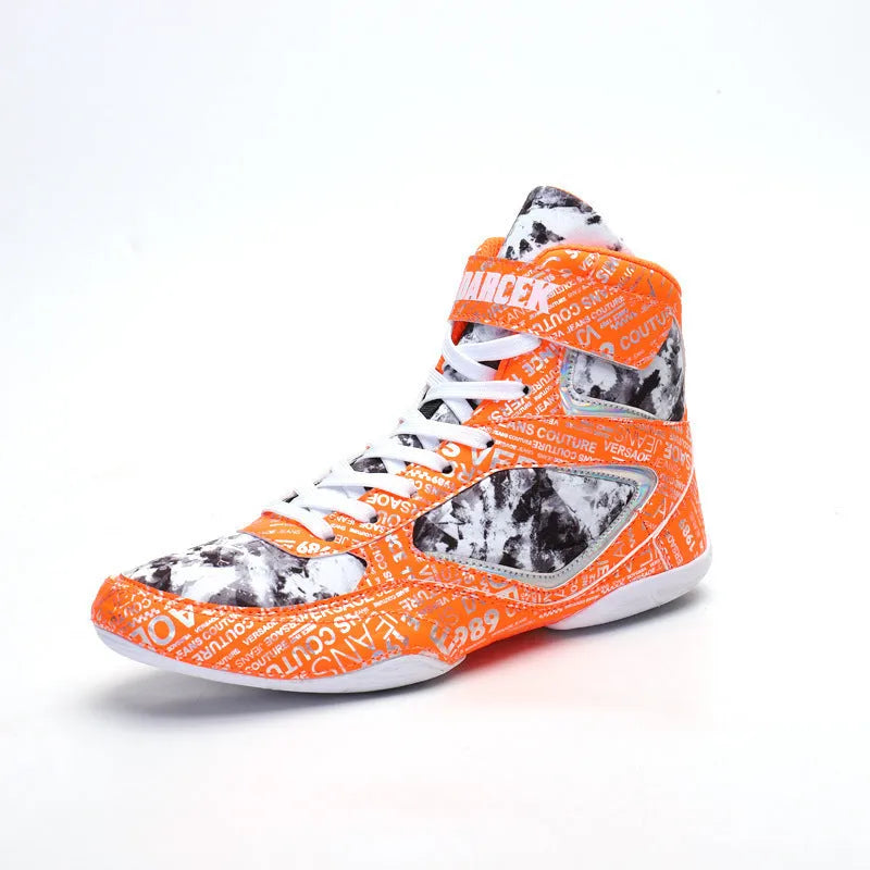 High-top boxing shoes in solid colour graffiti style with mesh upper and rubber sole on ground surface