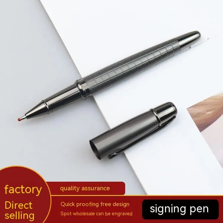 Gun gray metal roller pen with black ink cap, 13.5cm length, on white background