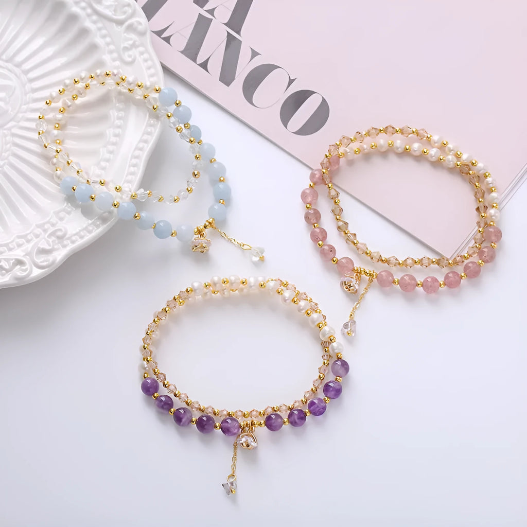 Natural freshwater pearl double ring bracelet with crystal beads in amethyst colour option