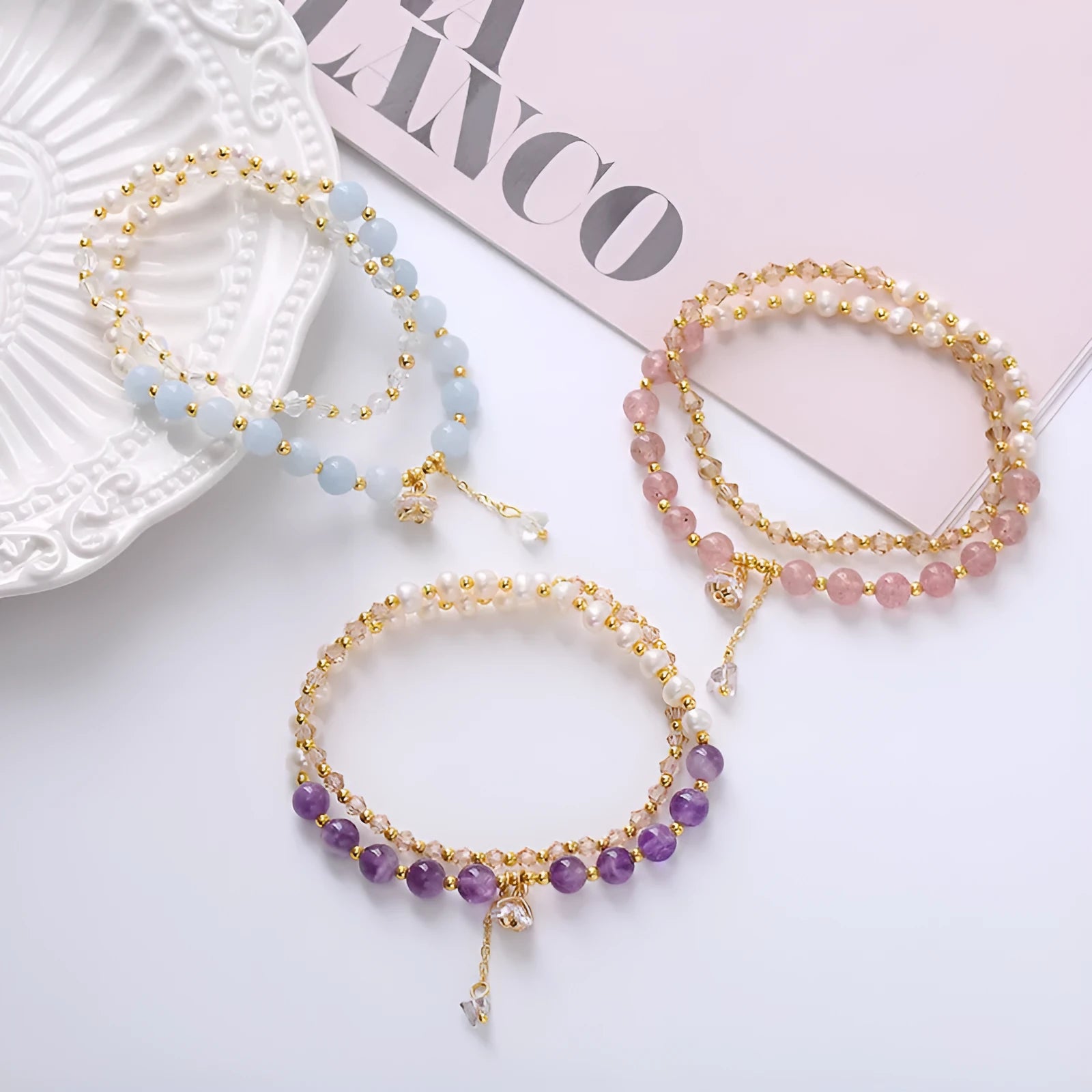 Natural freshwater pearl double ring bracelet with crystal beads in amethyst colour option