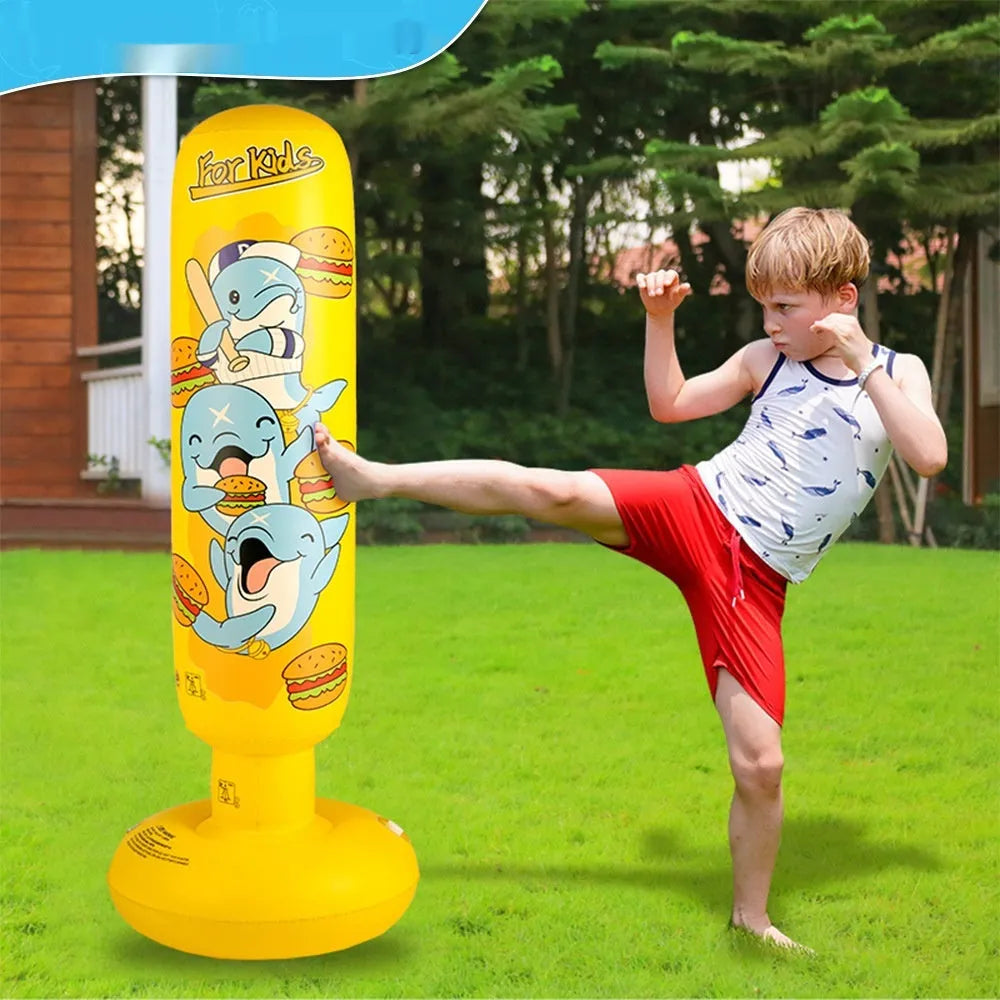 Inflatable boxing column in yellow hamburger colour standing on floor