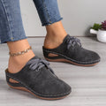 Women's light grey suede lace-up wedge slippers with a hollow-out rubber sole.