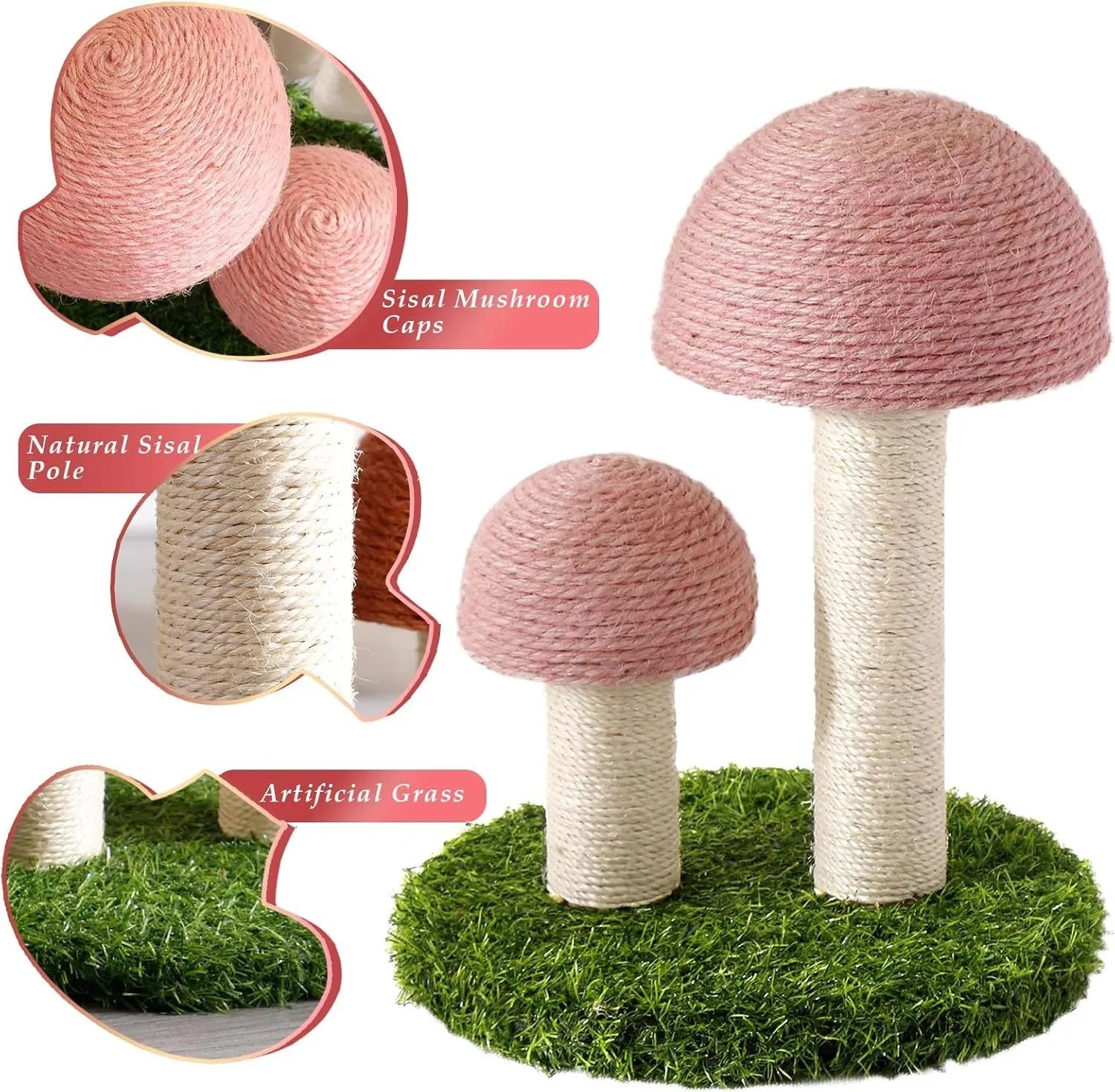Pink mushroom-shaped cat scratching post with sisal caps for kittens and small cats