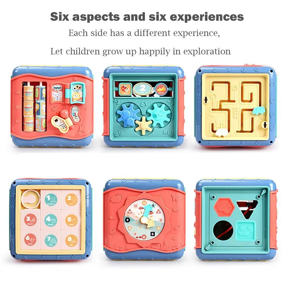Six-sided educational cube toy with multiple activity panels including bead maze and shape puzzles