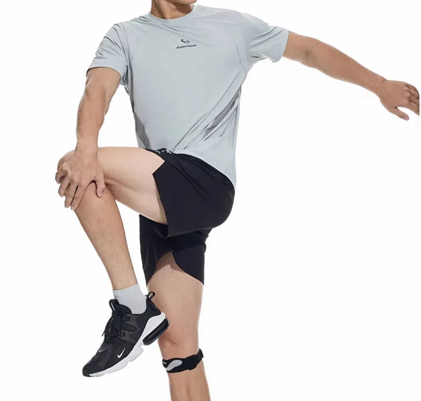 Black and blue running shorts with four-sided stretch and laser-stitched seams for training.