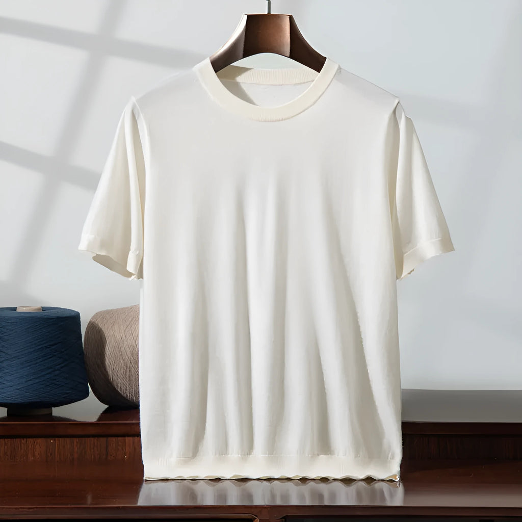 Men's knitted thin short sleeve round neck loose casual bottoming shirt in 8 colours, wool, sizes S-XXXL