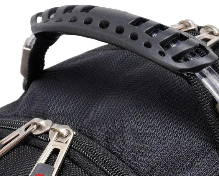 Black business computer backpack with 38-litre capacity showing three compartments and laptop protection