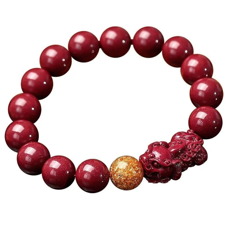Purple gold sandstone and cinnabar polished bracelet with totem pattern, 10mm beads, unisex