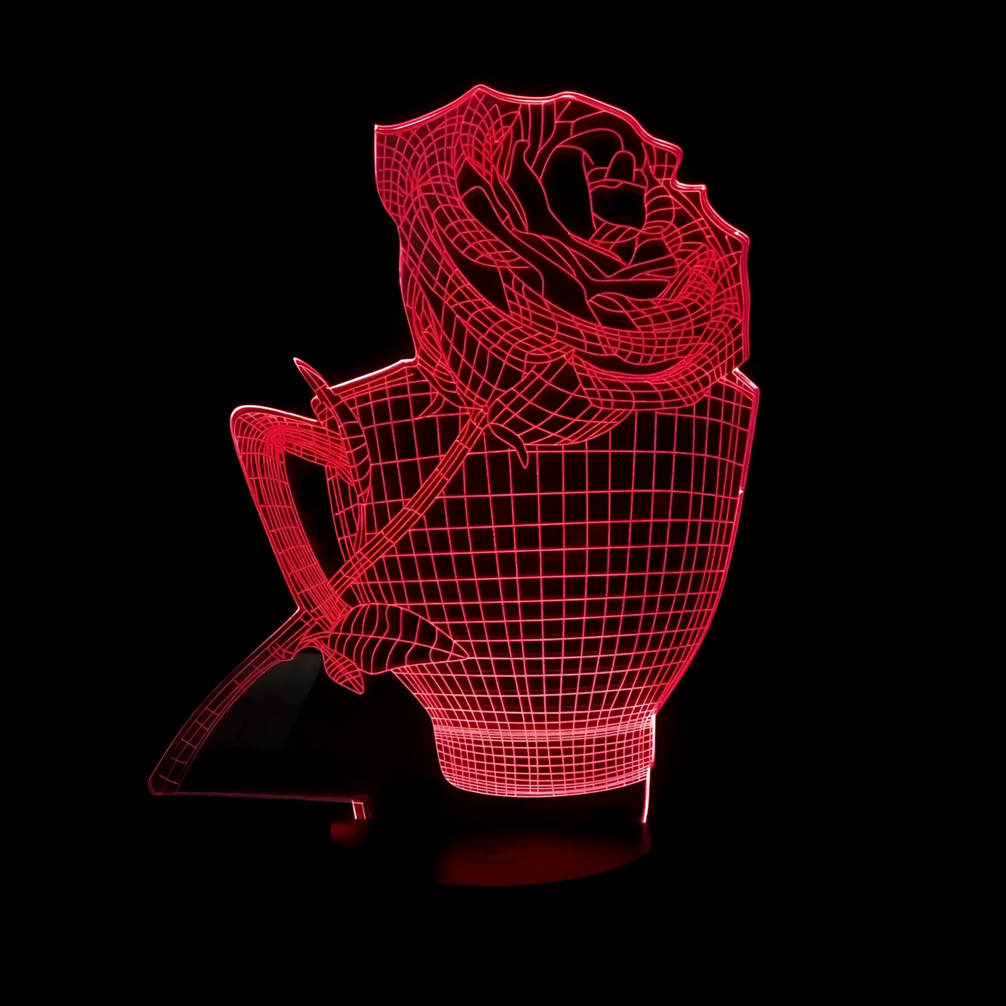 3D rose flower LED night light showing acrylic design on black ABS base, displaying blue colour.