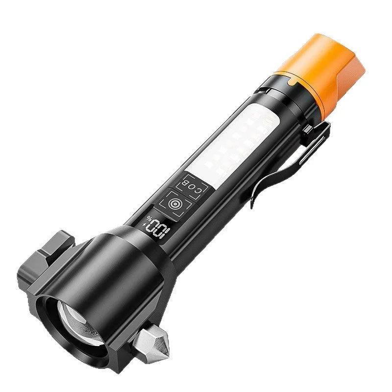 Multi-functional outdoor flashlight with white laser, red and blue side flash, aluminium alloy body, rechargeable