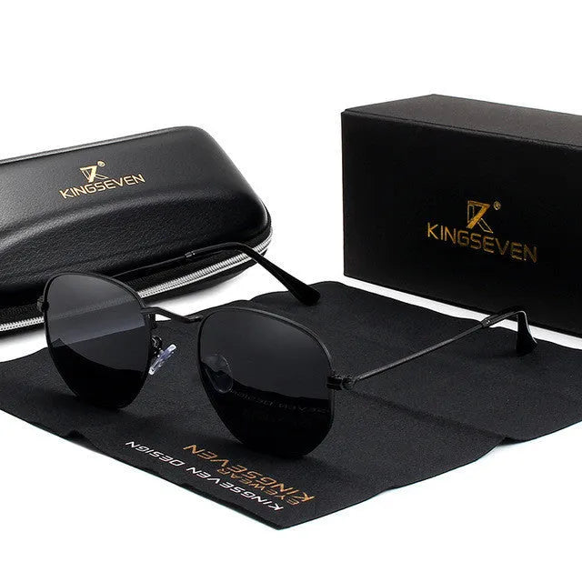 Classic round sunglasses for men with polarised lenses in multiple colour options on a model.