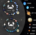 Pair of natural stone beaded bracelets with zodiac charms on adjustable elastic cord