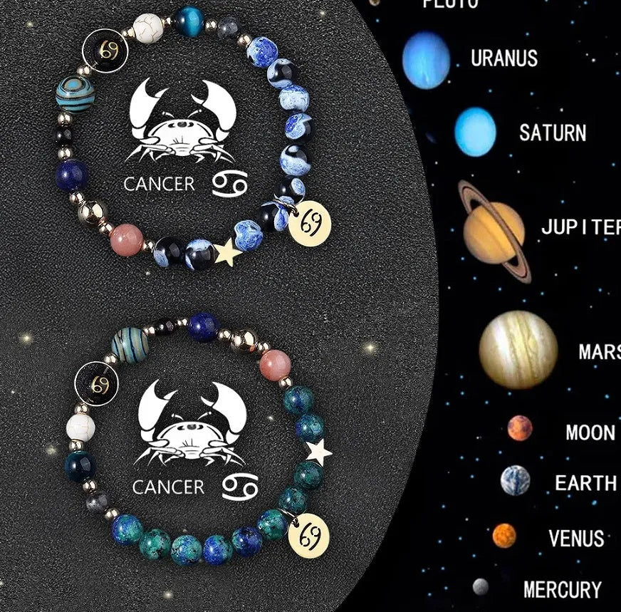 Pair of natural stone beaded bracelets with zodiac charms on adjustable elastic cord