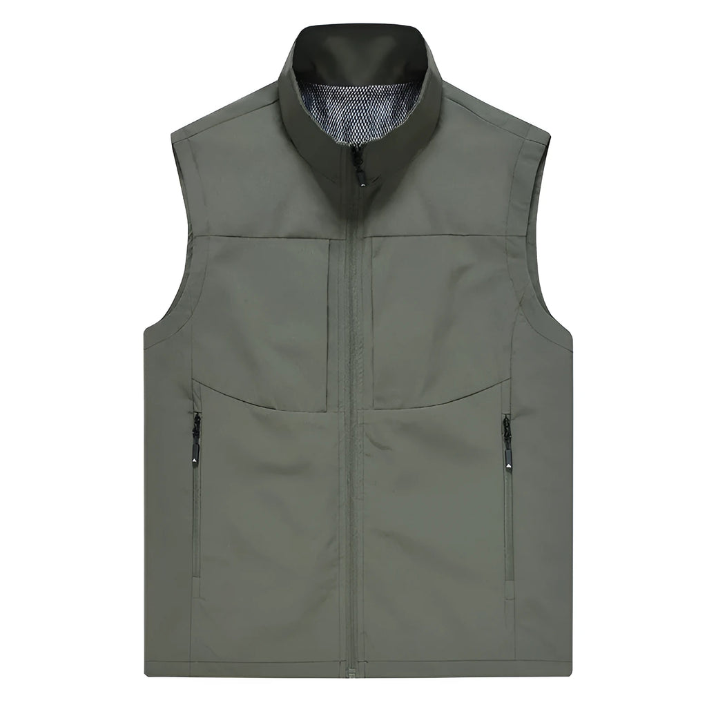Men's solid colour stand collar polyester vest with zipper pockets in army green on a model