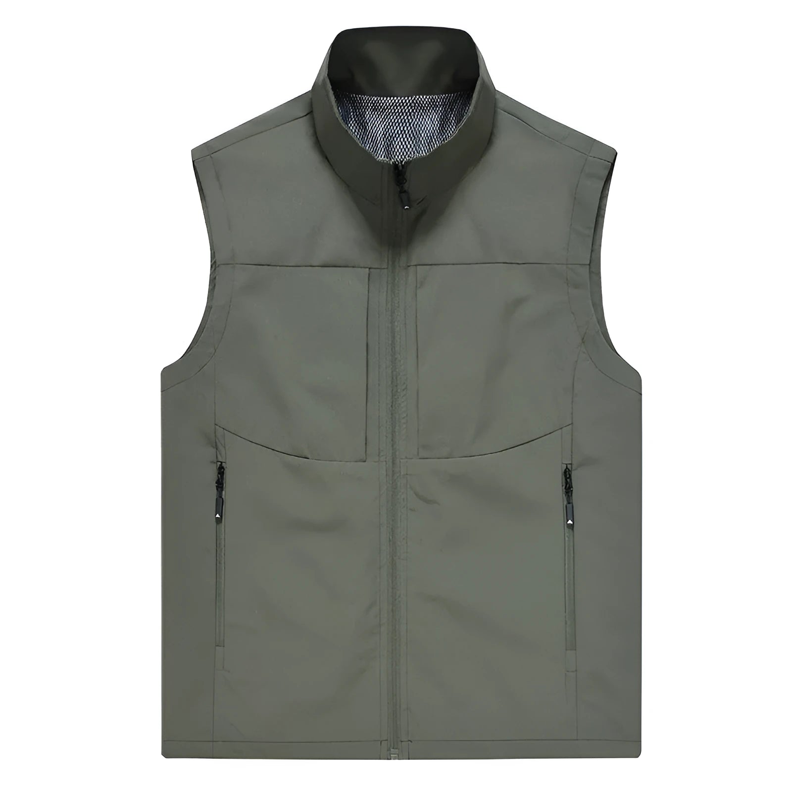 Men's solid colour stand collar polyester vest with zipper pockets in army green on a model