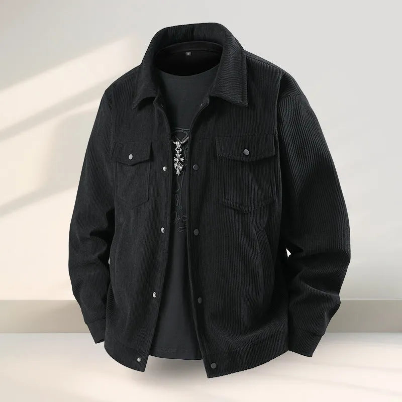 Men's black slim fit casual coat with American ruffle design on mannequin showing front view