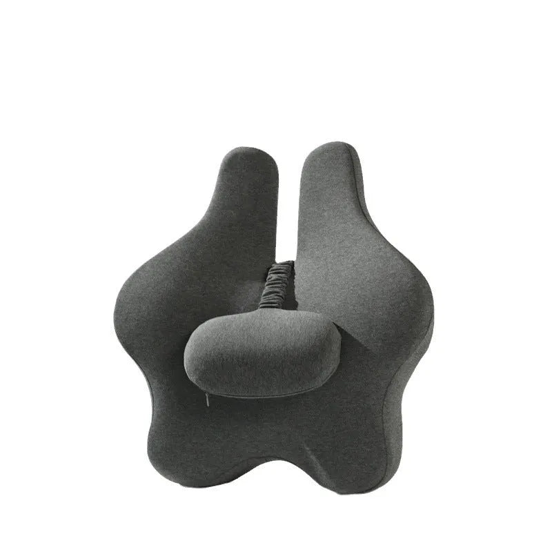 Grey adjustable memory foam car lumbar support cushion on a car seat, 50x47x9cm