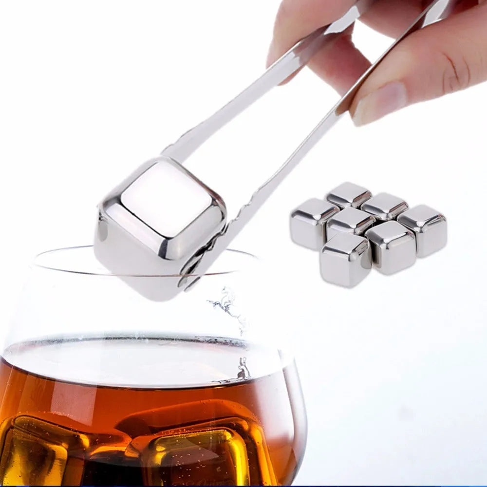8-piece stainless steel whiskey stones set with tongs in plastic box, various shapes including squares and diamonds