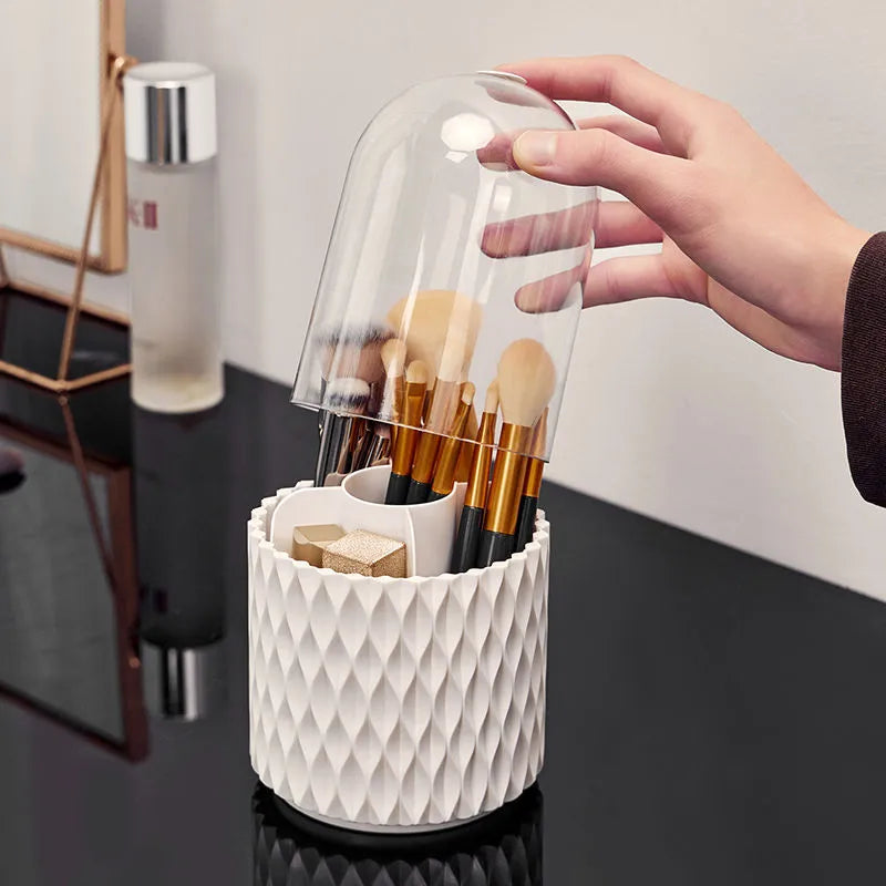 White acrylic makeup brush holder with transparent dust cover and rotating base