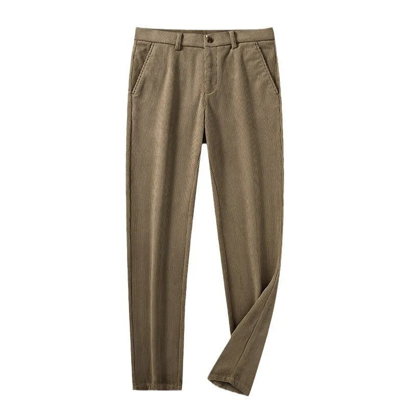 British retro style straight-leg striped trousers in a neutral colour on a hanger.