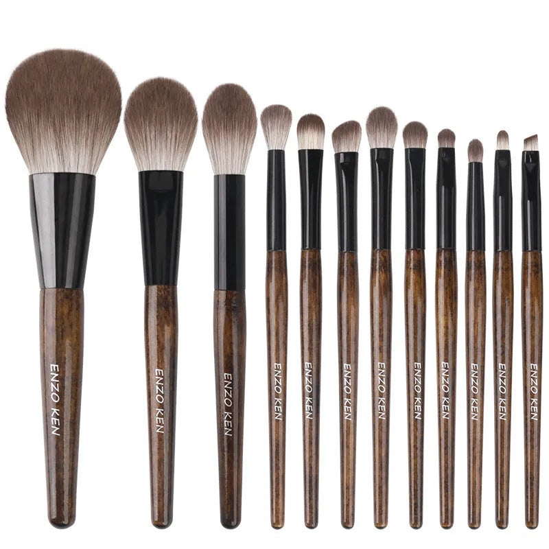 12-piece makeup brush set with wooden handles in portable PU storage bag