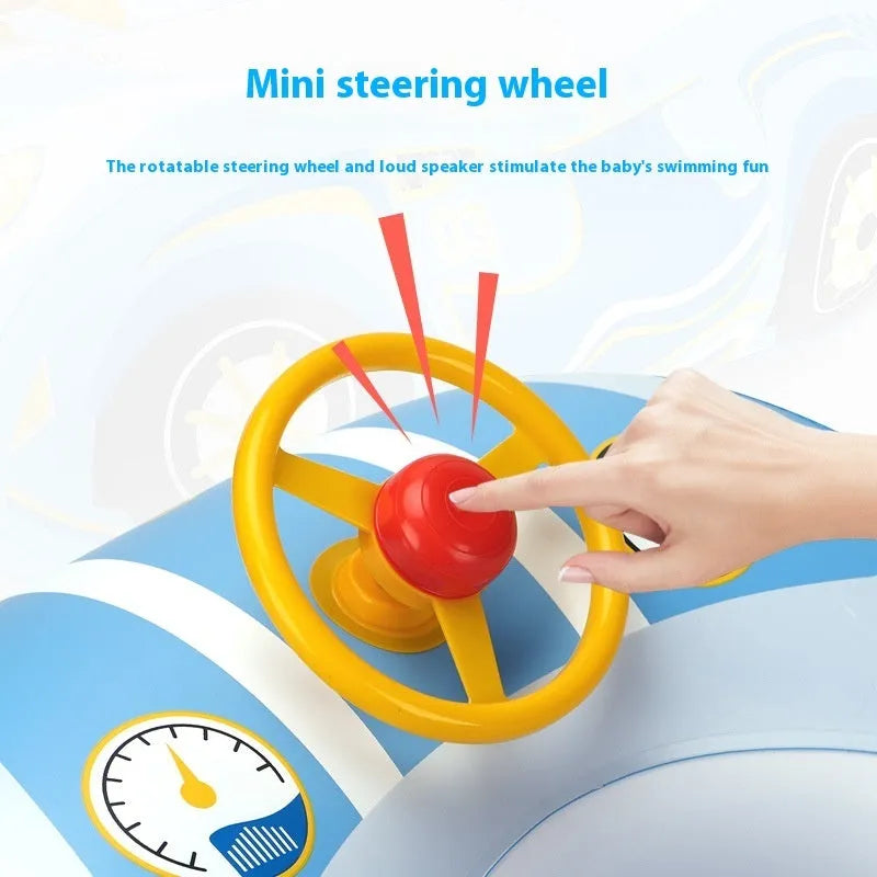 Mini inflatable car pedestal swimming ring for children in pink sports car design with steering wheel pattern