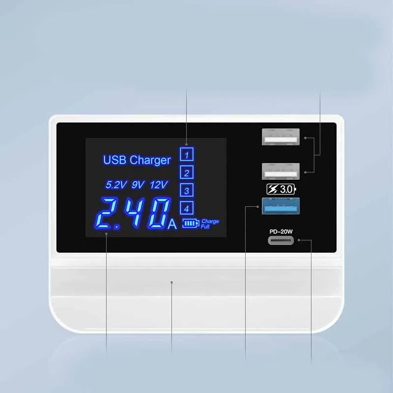 White USB multi-port tablet and smart phone charger with EU UK US plug adapters and 150cm power cord