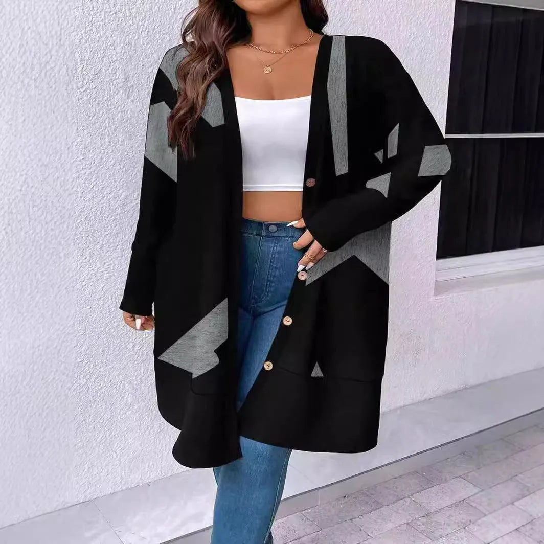 Black plus size cardigan coat with button stitching details and loose casual fit