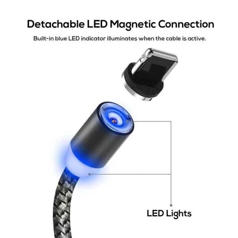 Magnetic charging cable with three interchangeable plugs for Apple, Android and Type-C devices