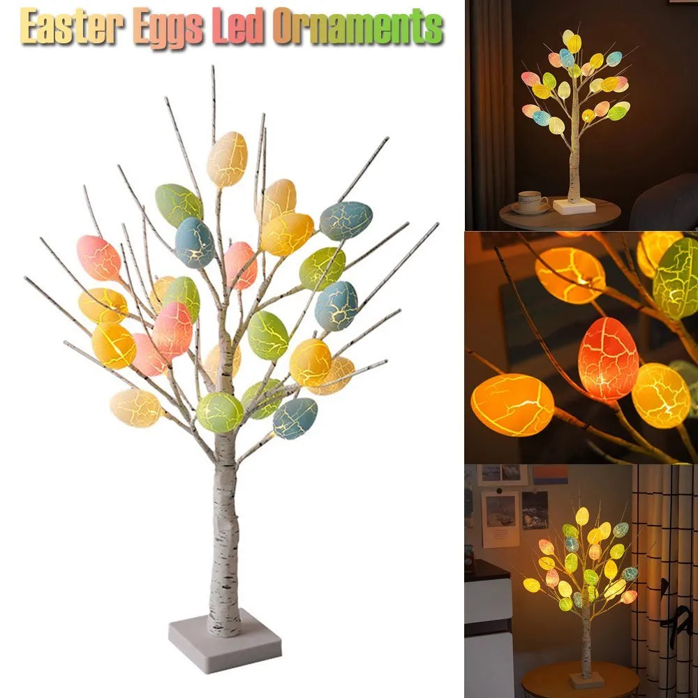 60cm birch-style Easter tree with warm white LED lights and cracked egg ornaments on a tabletop