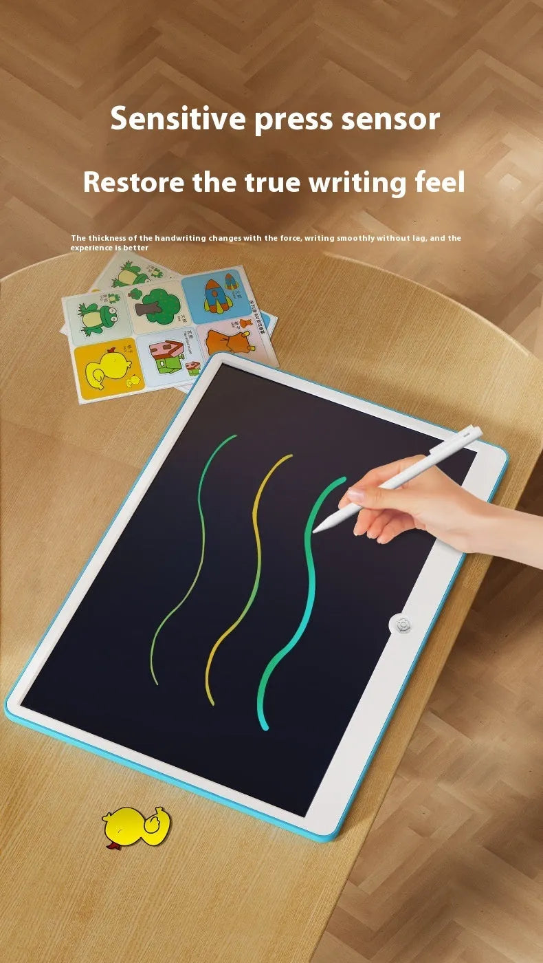19-inch blue and white rechargeable LCD drawing board for children with stylus.