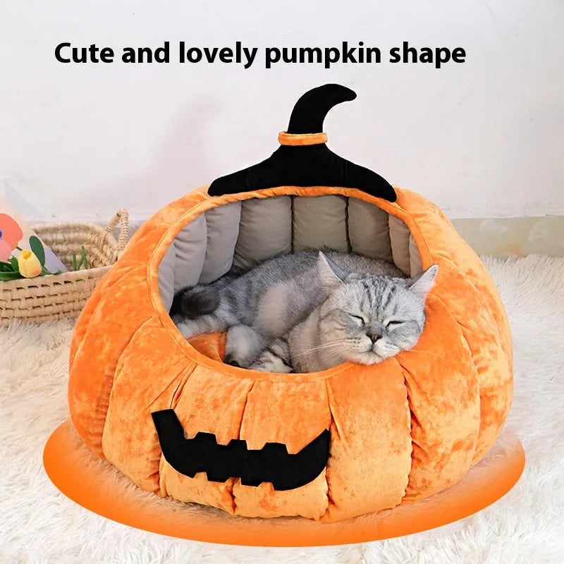 Soft fleece-lined pet bed in orange pumpkin shape for cats and small dogs
