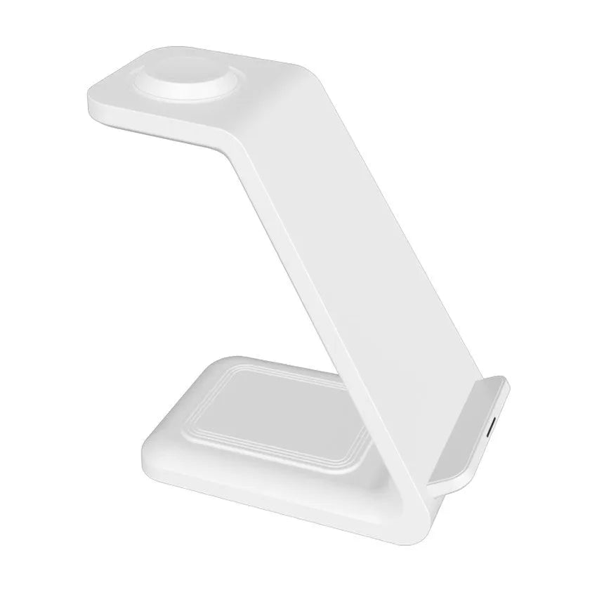 White 3-in-1 upright wireless phone charger holder with Type-C cable on desk