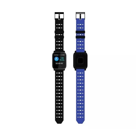 A6 smart bracelet with colour screen showing fitness metrics on wrist, available in black, blue, or orange silicone strap options