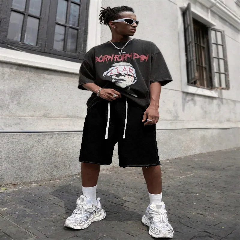 Men's medium long trousers plus size straight leg in black, polyester fabric, street hip-hop style