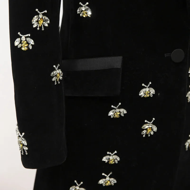 Black velvet blazer with animal print pattern, cashmere blend, slim fit, suit collar, long sleeves